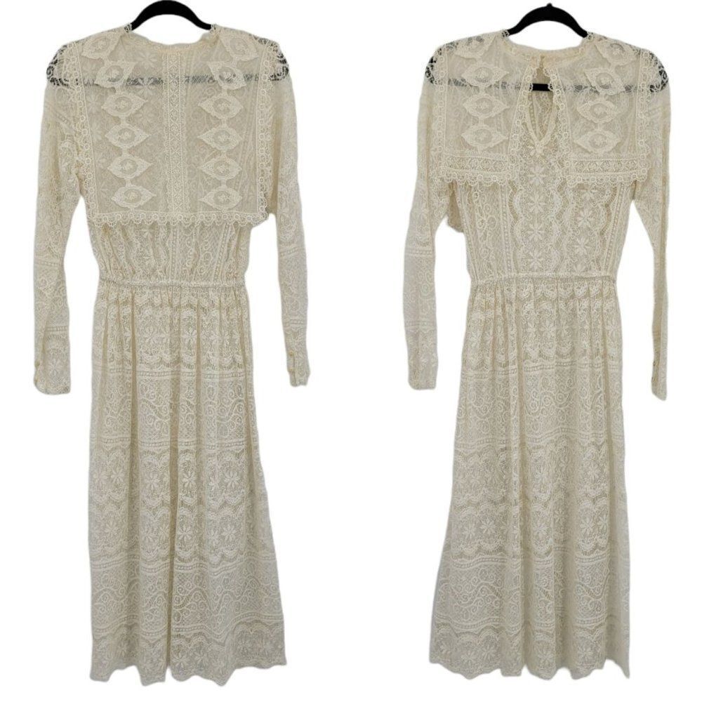 Womens Vintage 40's Dress Handmade Delicate Lace Bib Long Sleeve Maxi Ivory Sz S